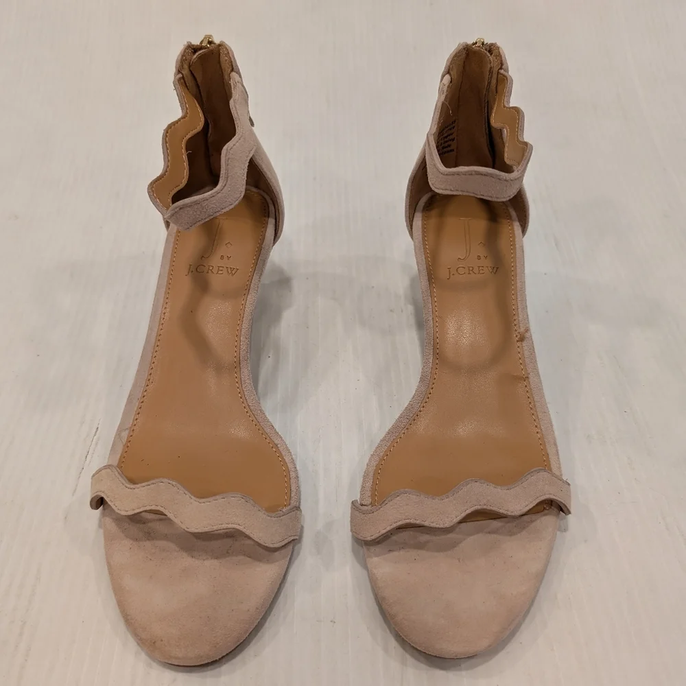 J by J CREW taupe suede scalloped ankle strap heeled sandals size 6.5